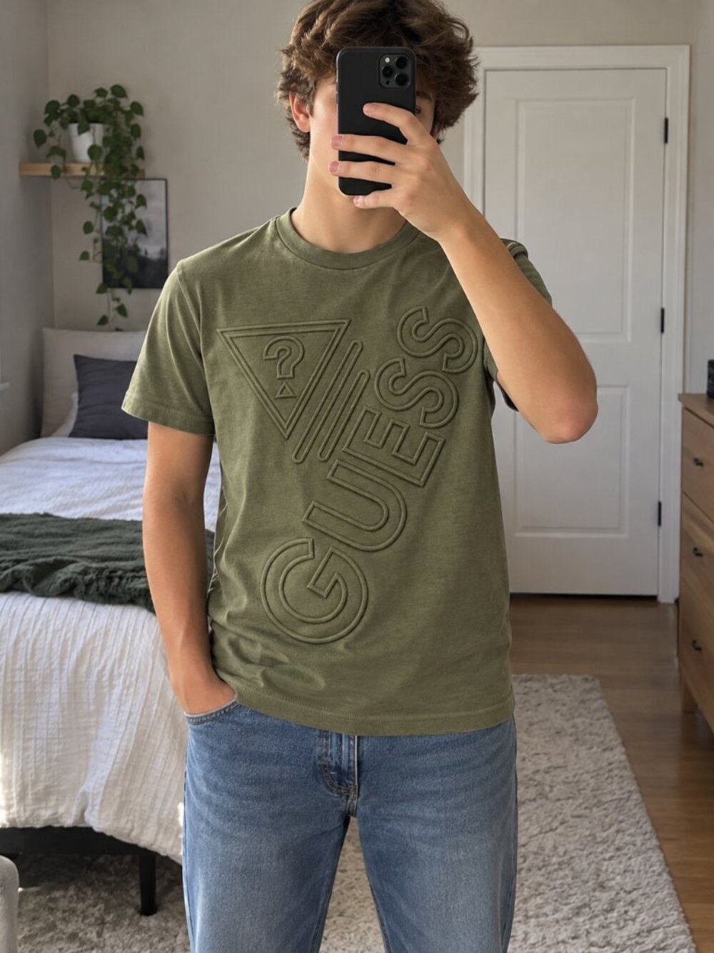 GUESS Girls Olive Green T Shirt Size S Teen Juniors 3D Embossed Triangle Logo
